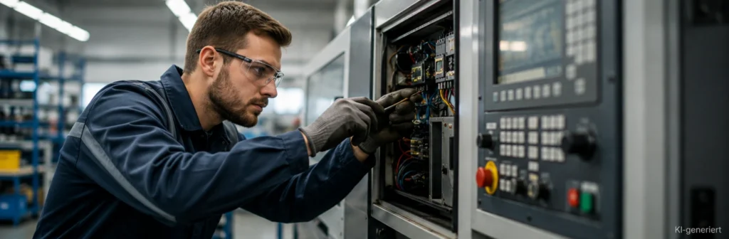 Industriemechaniker bei der Fehlersuche und Instandhaltung einer Maschine in einer modernen Werkhalle