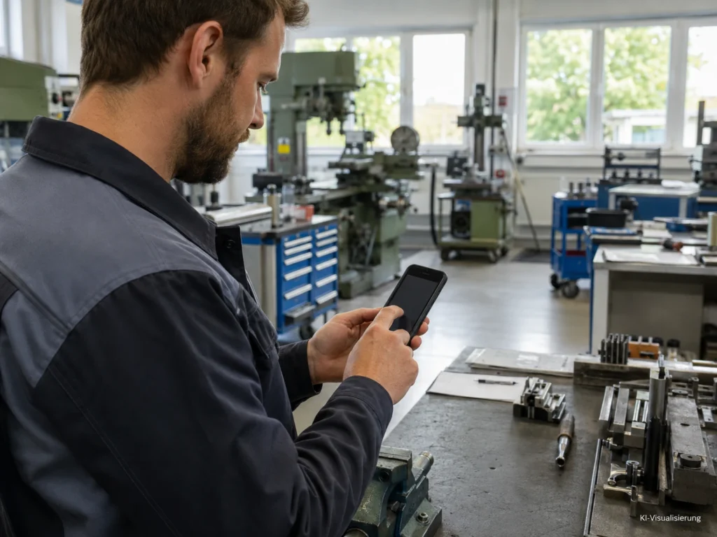 Werkstattmitarbeiter dokumentiert seine Arbeitszeit am Smartphone in einer modernen Metallwerkstatt.