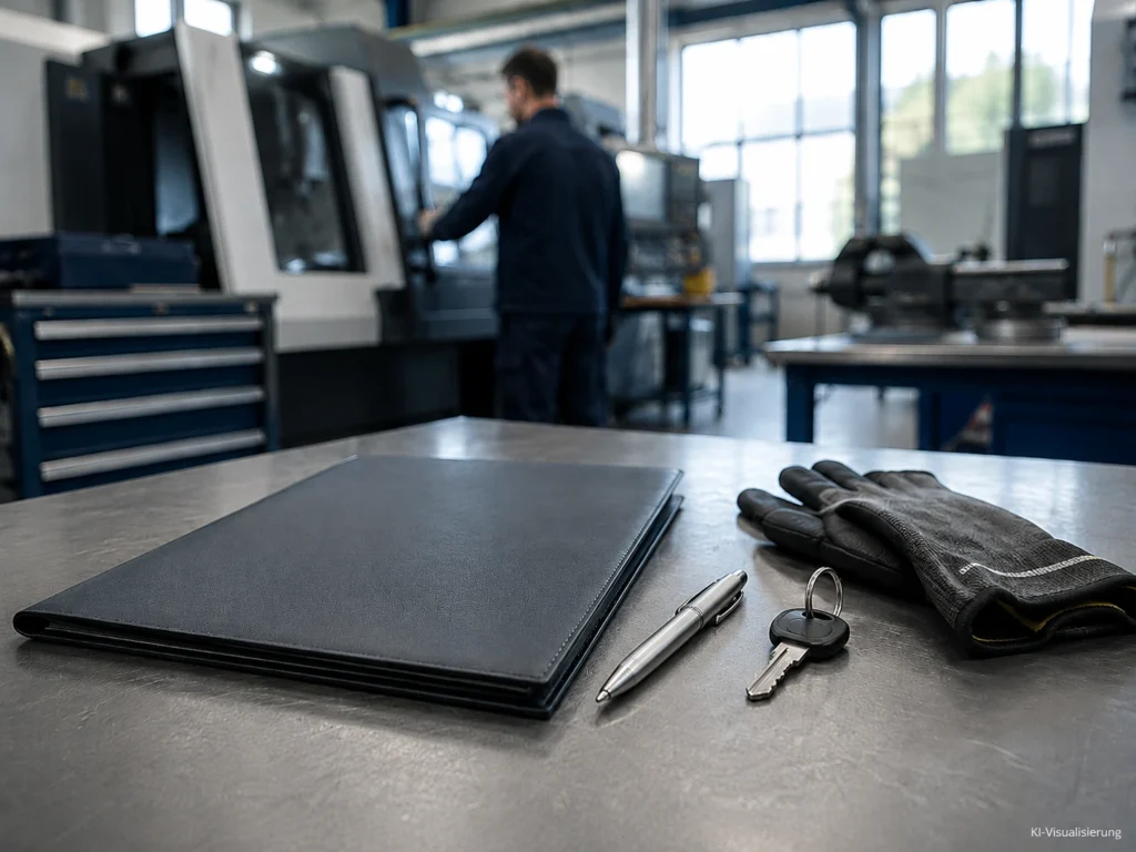 Arbeitsvertrag, Schlüssel und Arbeitshandschuhe in einer modernen Metallwerkstatt beim Wechsel aus der Zeitarbeit