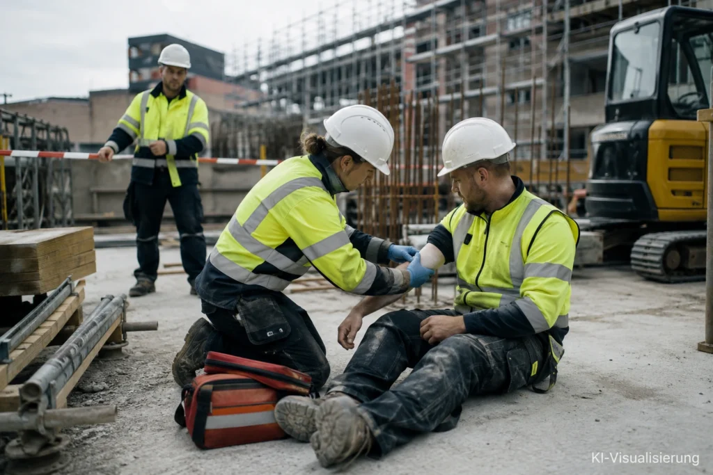 Ersthelfer versorgt den Arm eines verletzten Bauarbeiters auf einer Baustelle, während ein Kollege den Bereich absichert