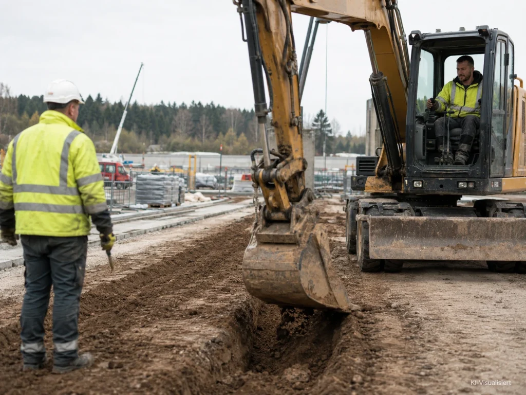Baumaschinenführer arbeitet mit einem modernen Bagger an einem vorbereiteten Graben auf einer Tiefbaustelle.