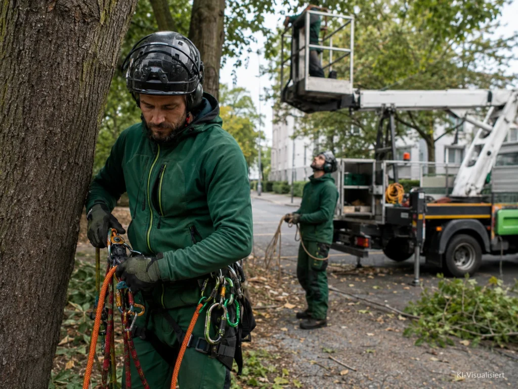 Baumpfleger bereitet Kletterseile und Ausrüstung für einen Baumpflegeeinsatz vor