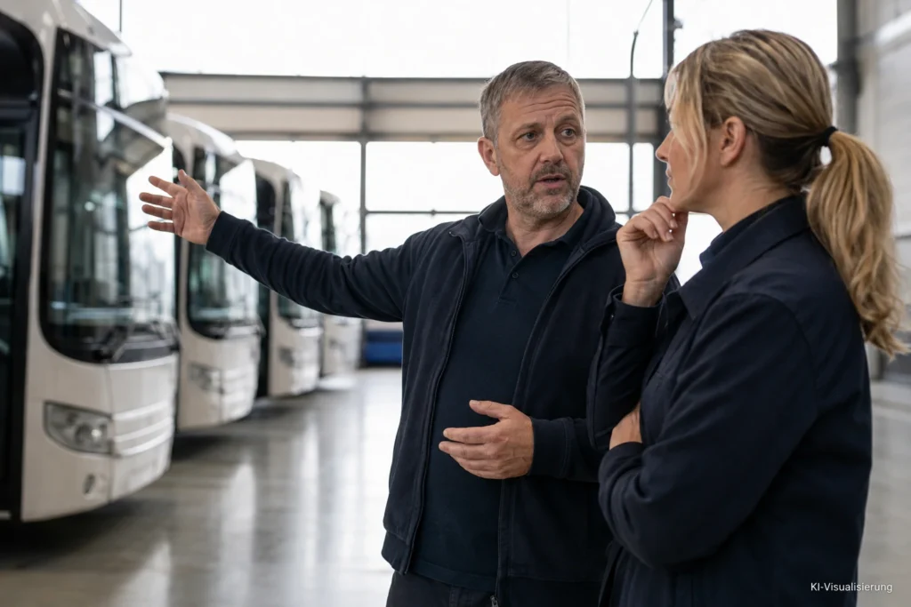 Berufskraftfahrer und Disponentin besprechen Fahrzeuge und Tourenplanung in einem modernen Transportdepot