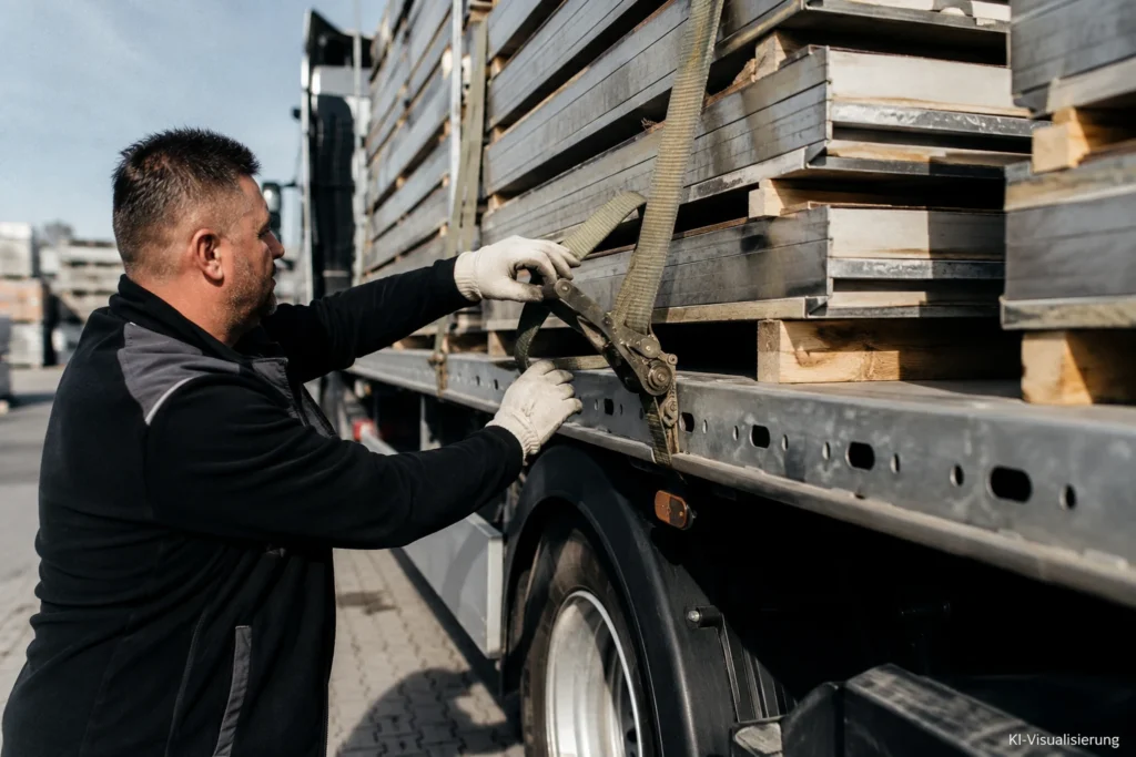 Berufskraftfahrer sichert Baumaterial mit einem Spanngurt auf einem Lkw