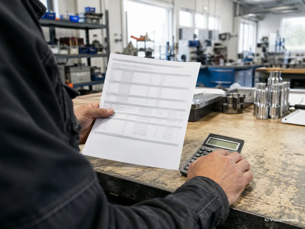 Handwerker prüft eine Lohnabrechnung mit Taschenrechner in einer modernen Metallwerkstatt