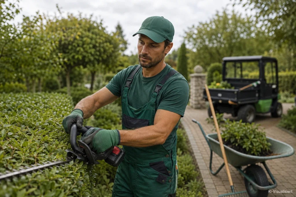 Ausgebildeter Gärtner schneidet mit einer Akku-Heckenschere eine gepflegte Hecke im professionellen Gartenbau.