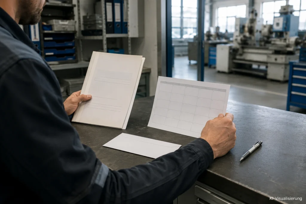 Handwerker prüft Kündigungsunterlagen und Kalender in einer modernen Metallwerkstatt
