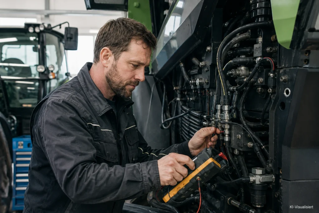 Land- und Baumaschinenmechatroniker prüft Hydraulik und Elektronik einer modernen Maschine mit einem Diagnosegerät in der Werkstatt
