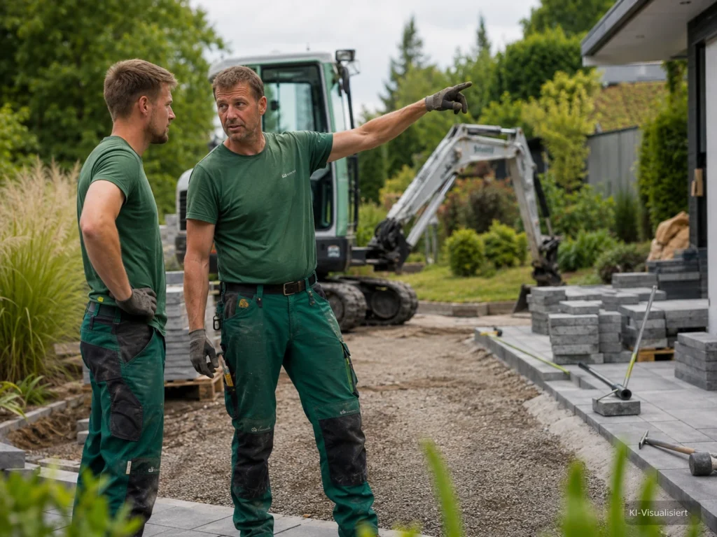 Zwei Landschaftsgärtner besprechen auf einer GaLaBau-Baustelle die nächsten Arbeitsschritte neben Pflasterflächen und einem Minibagger.