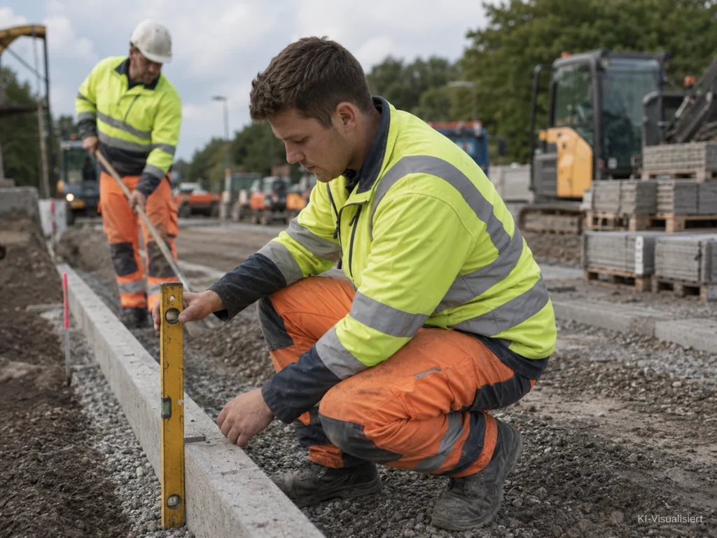 Junger Straßenbauer prüft mit einer Wasserwaage die Ausrichtung einer Bordsteinkante auf einer modernen Straßenbaustelle