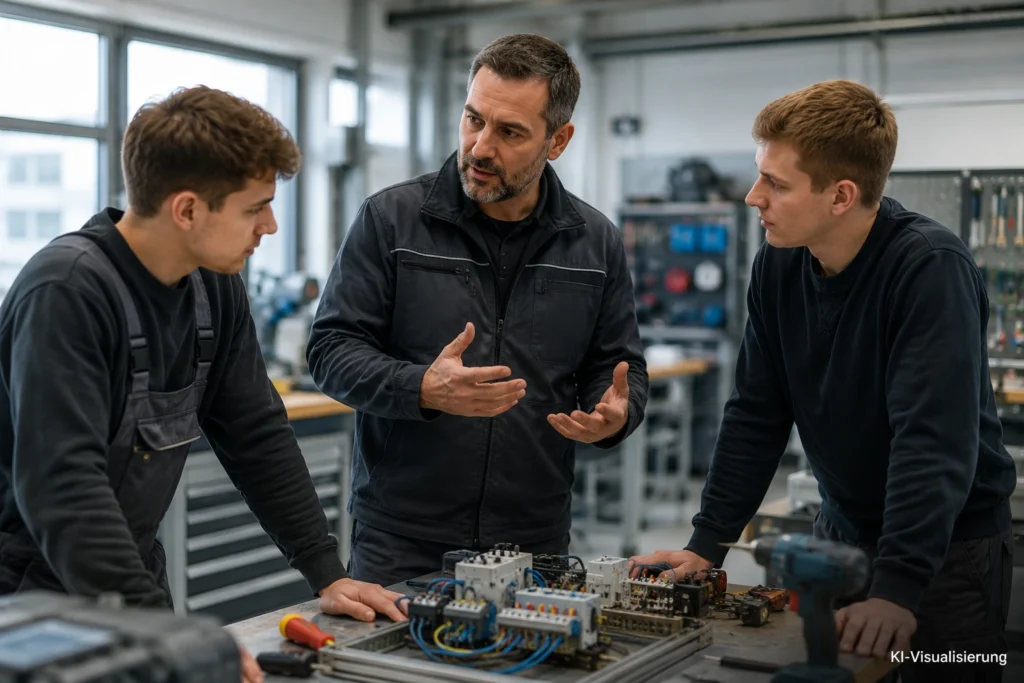 Erfahrener Handwerker erklärt zwei jüngeren Fachkräften eine technische Aufgabe in der Werkstatt