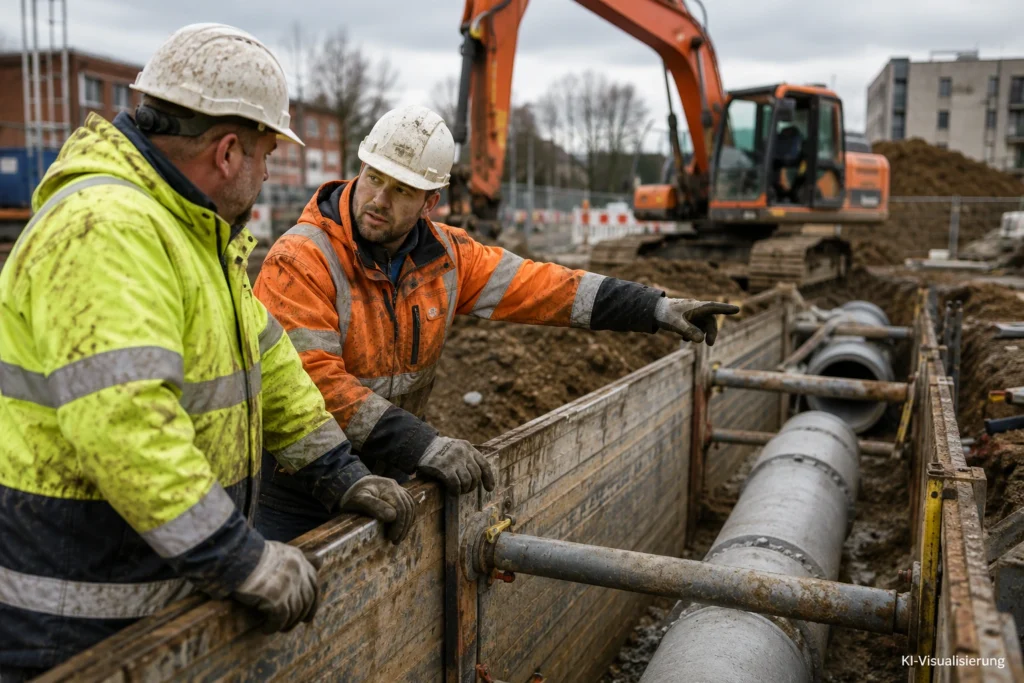 Zwei Bauarbeiter in Warnkleidung besprechen Arbeiten an einem gesicherten Rohrgraben auf einer Tiefbaustelle.