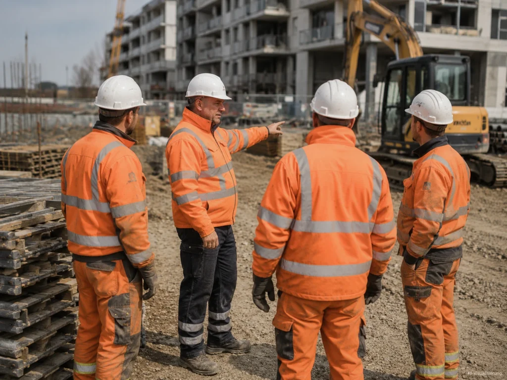 Vorarbeiter weist drei Fachkräfte auf einer Tiefbaustelle in den nächsten Arbeitsschritt ein