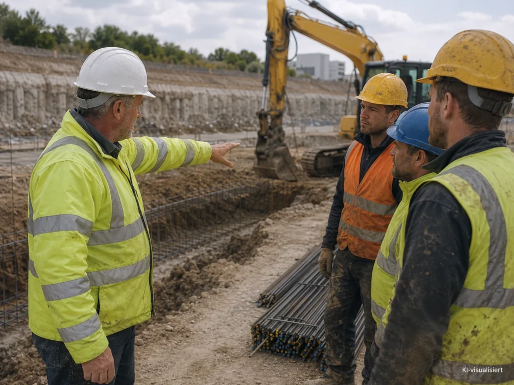 Vorarbeiter bespricht mit drei Fachkräften den nächsten Arbeitsschritt auf einer Tiefbaustelle