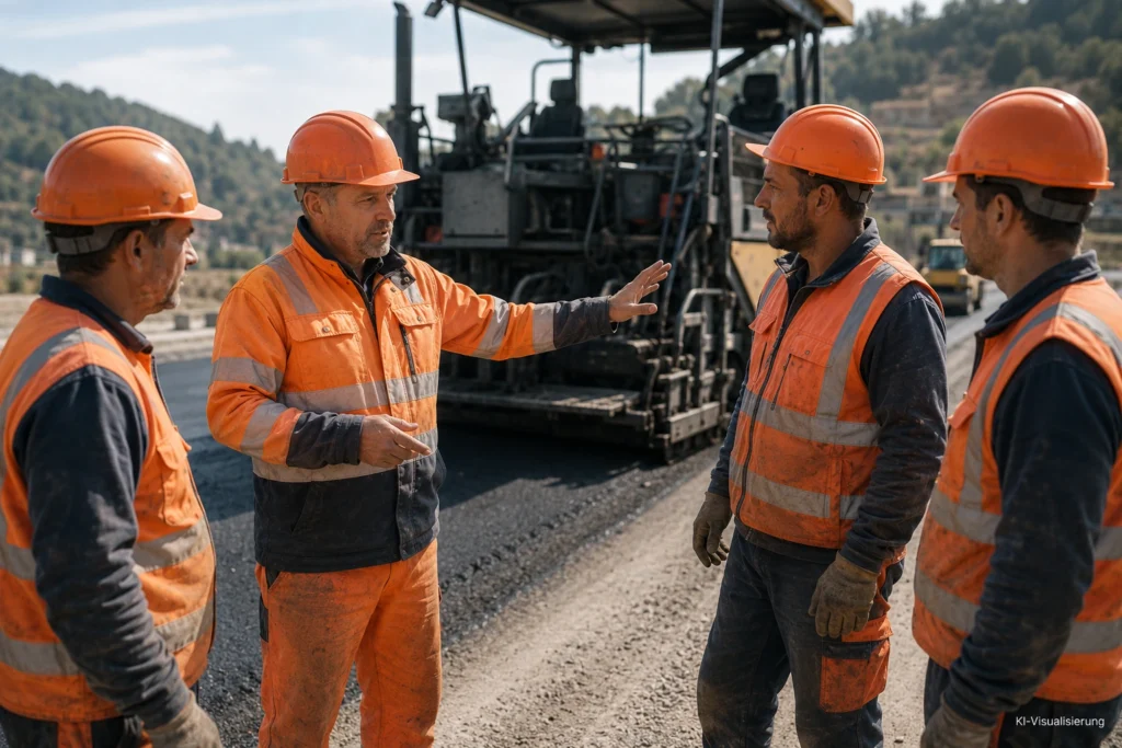 Straßenbau-Team bespricht den nächsten Bauabschnitt neben einem Straßenfertiger