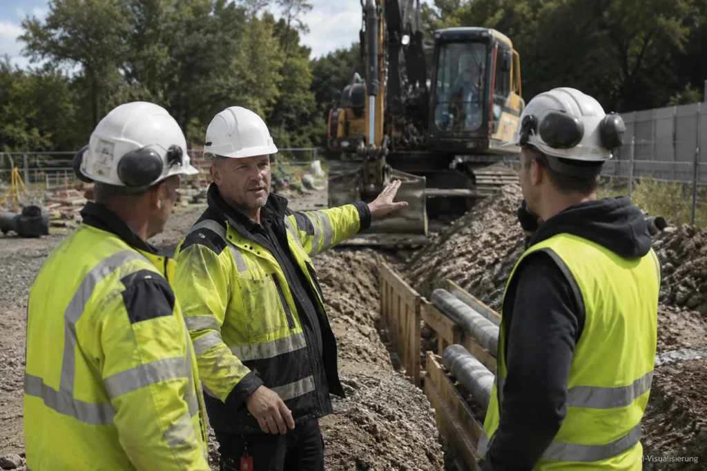 Tiefbauleiter erklärt zwei Fachkräften den nächsten Arbeitsschritt an einem gesicherten Leitungsgraben.