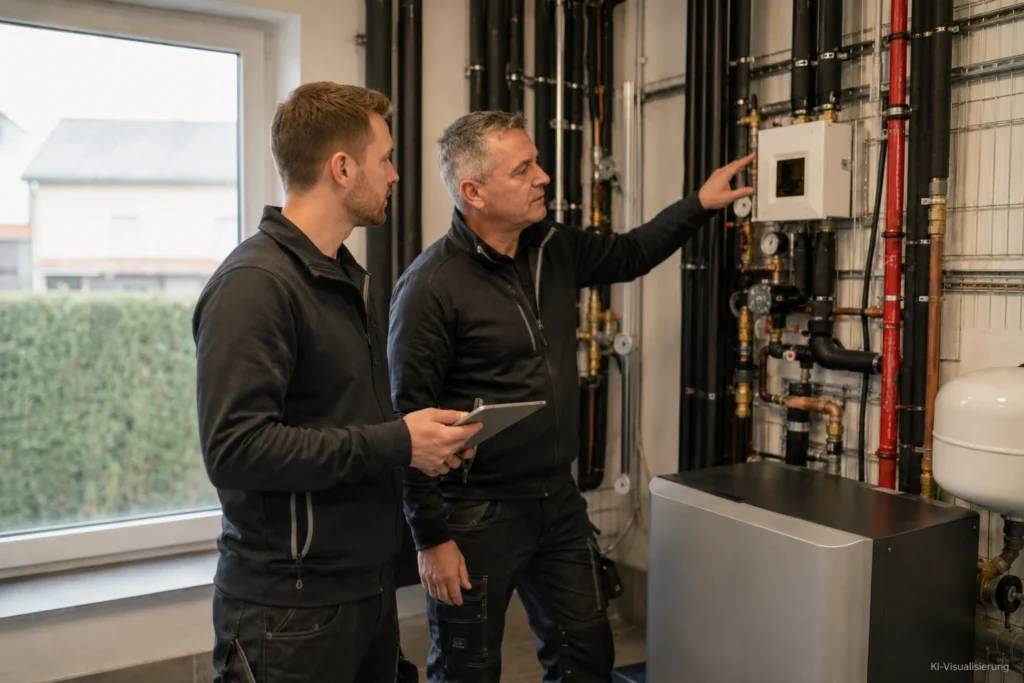 Zwei Anlagenmechaniker SHK besprechen gemeinsam eine moderne Heizungsanlage im Technikraum.