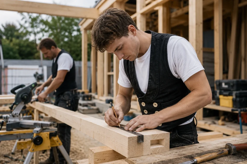 Junger Zimmerer bearbeitet ein Holzbauteil auf einer modernen Baustelle, während ein erfahrener Kollege im Hintergrund arbeitet
