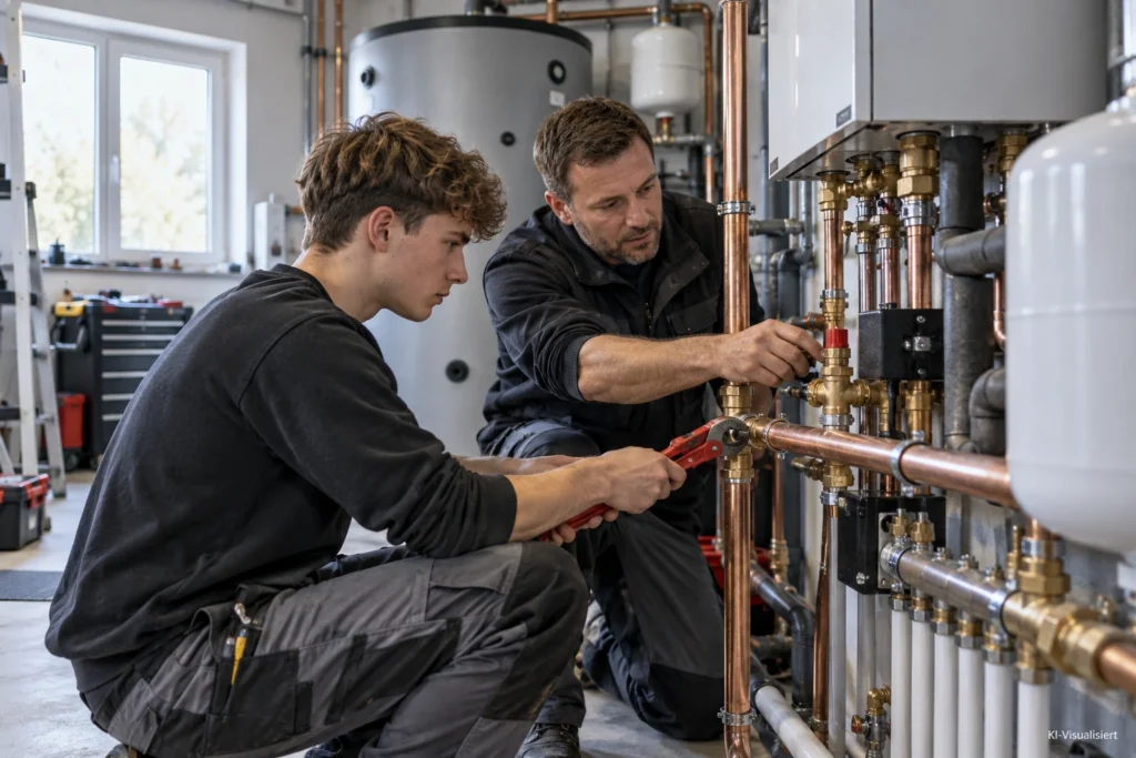 Anlagenmechaniker SHK und Auszubildender installieren gemeinsam Rohrleitungen an einer modernen Heizungsanlage.