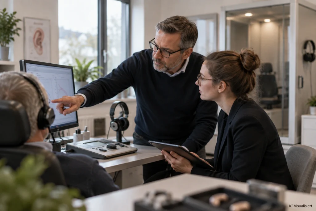Hörakustiker erklärt einer jüngeren Kollegin die Auswertung einer Hörmessung im modernen Hörakustikstudio.