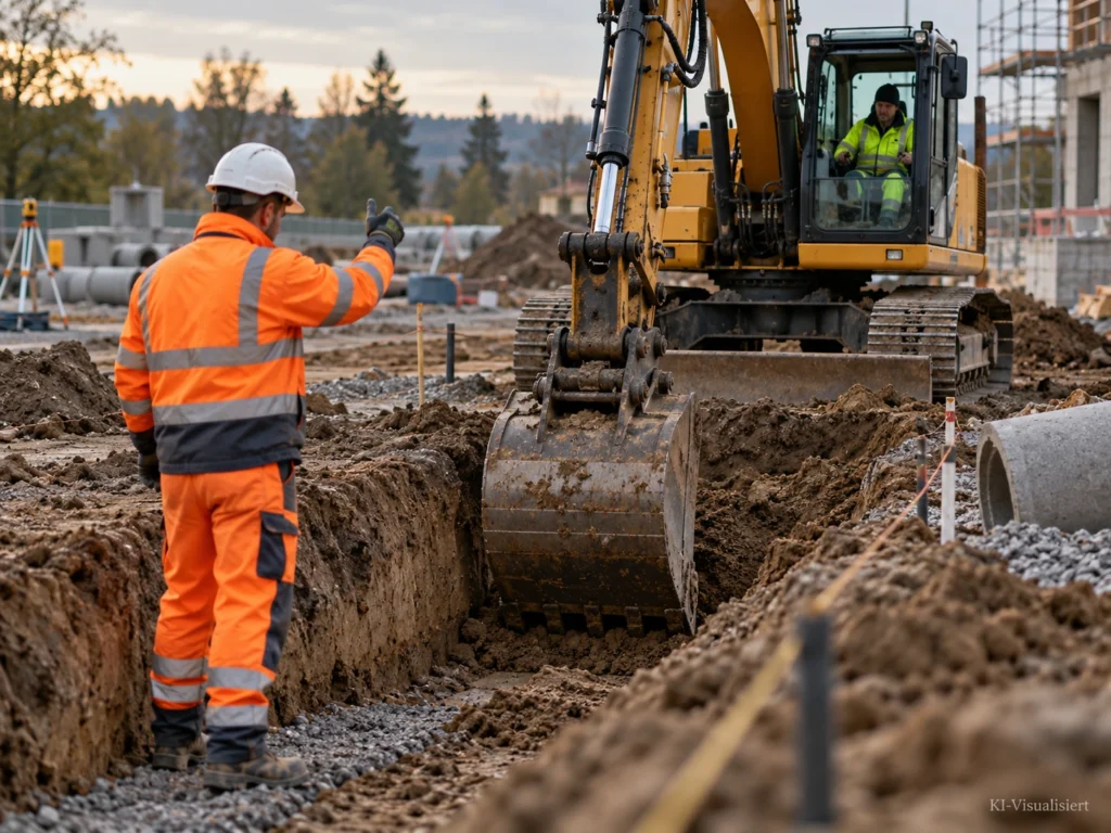 Baumaschinenführer gräbt mit einem Hydraulikbagger einen Graben, während ein Kollege die Arbeiten mit Handzeichen koordiniert.