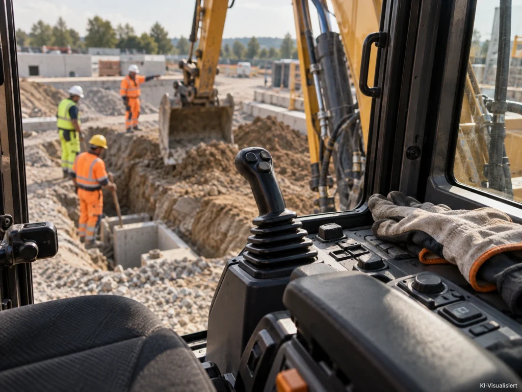 Baumaschinenführer gräbt mit einem Hydraulikbagger einen Graben, während ein Kollege die Arbeiten mit Handzeichen koordiniert.