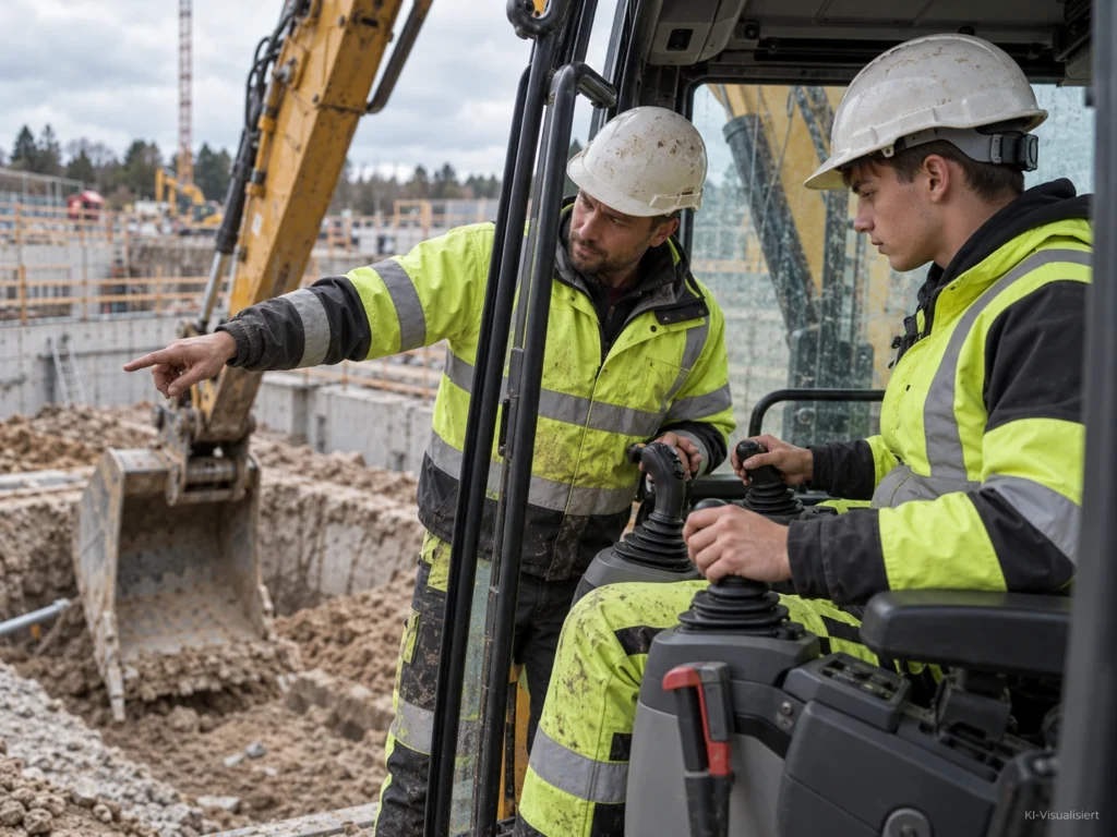Junger Baumaschinenführer in Ausbildung sitzt in einem Hydraulikbagger, während ein erfahrener Ausbilder ihm auf einer modernen Tiefbaustelle die Bedienung und den Arbeitsbereich erklärt