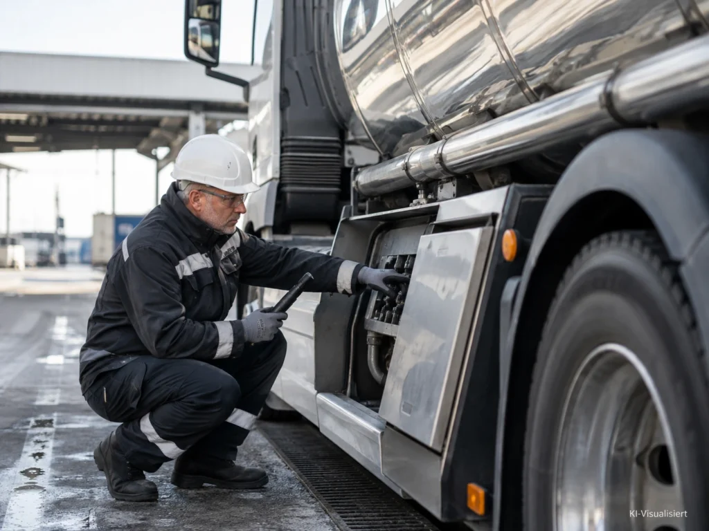 Berufskraftfahrer prüft vor der Abfahrt technische Komponenten an einem modernen Tanklastwagen.