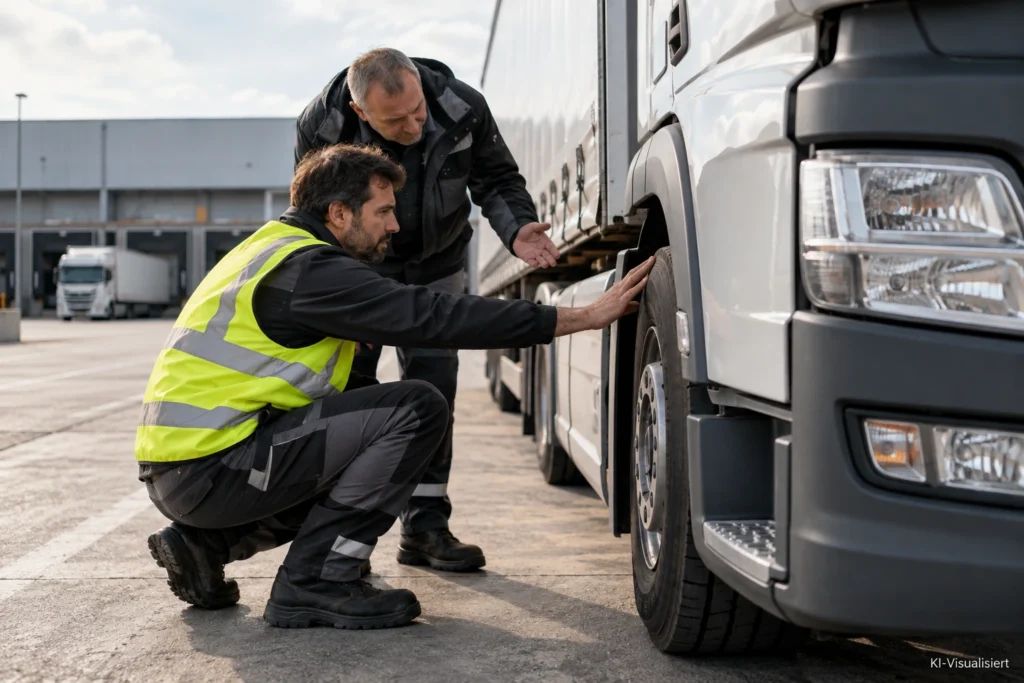 Quereinsteiger prüft gemeinsam mit einem erfahrenen Kollegen einen Lkw vor der Abfahrt auf einem modernen Logistikgelände