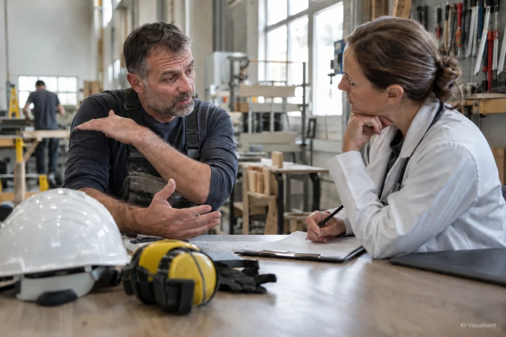 Arbeitsmedizinerin im Gespräch mit einem erfahrenen Handwerker über berufliche Belastungen in einer modernen Werkstatt