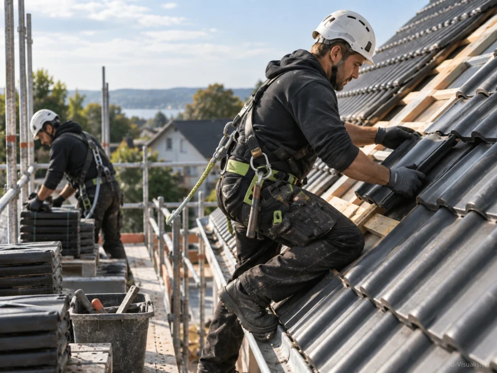 Dachdecker verlegt Dachziegel auf einem modernen Steildach, während ein Kollege weitere Materialien vorbereitet