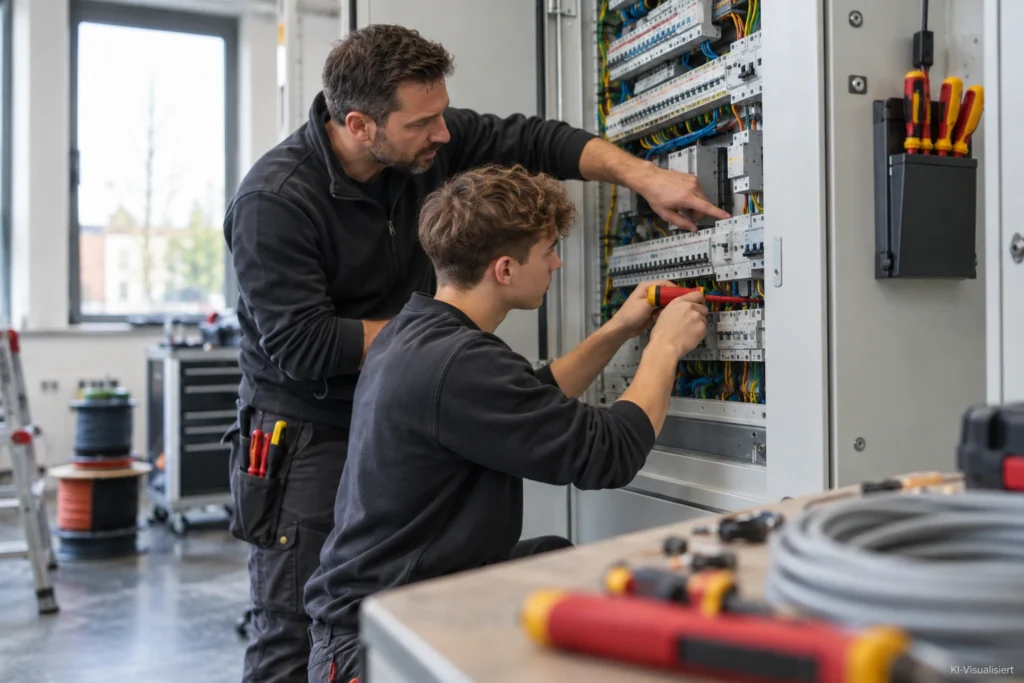 Auszubildender Elektroniker arbeitet mit einem erfahrenen Elektriker an einem offenen Schaltschrank in einer modernen Elektrowerkstatt.