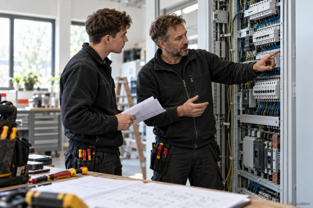 Erfahrener Elektriker erklärt einem jüngeren Kollegen die Technik an einem geöffneten Schaltschrank in einer modernen Elektrowerkstatt
