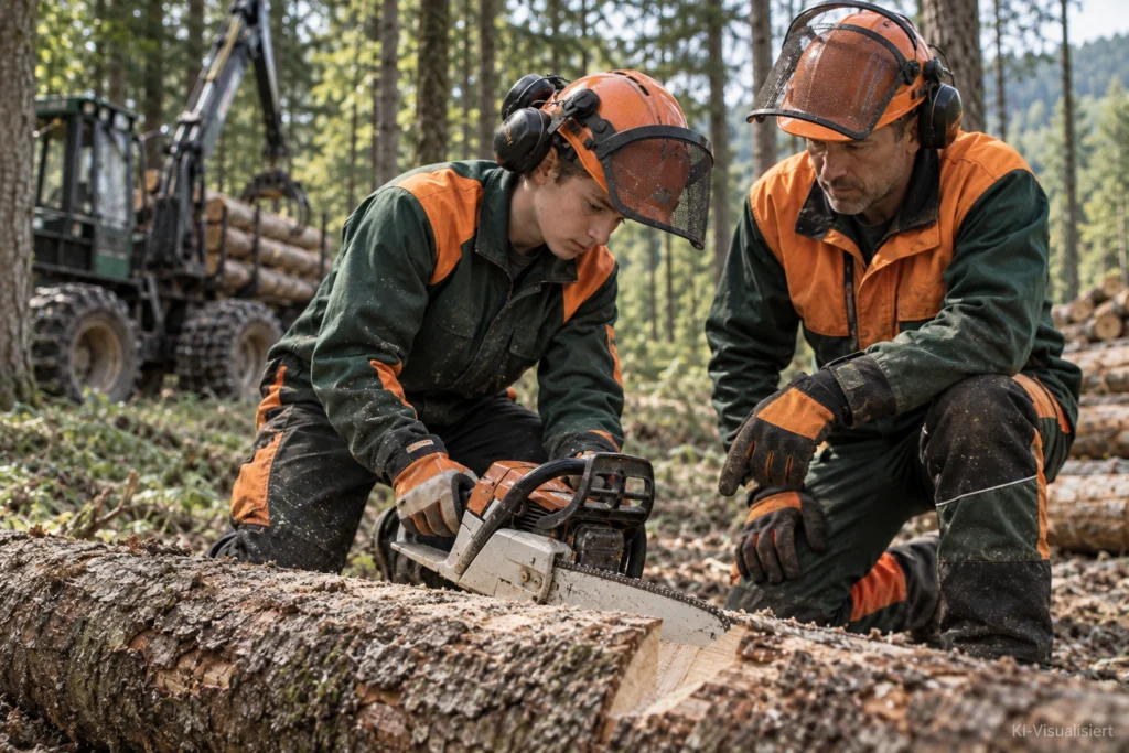 Forstwirt-Azubi übt unter Anleitung eines erfahrenen Forstwirts den sicheren Umgang mit der Motorsäge im Wald.