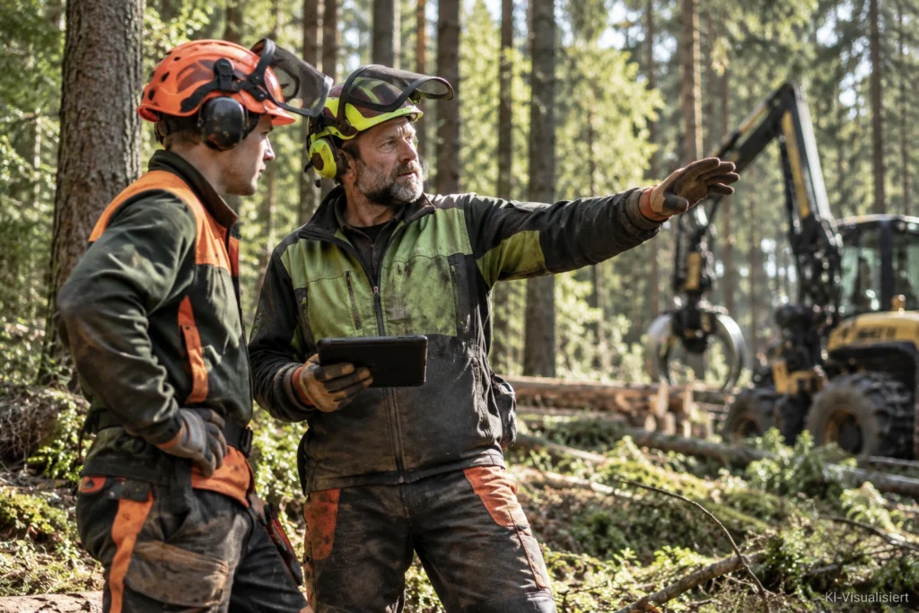 Erfahrener Forstwirt erklärt einem jüngeren Kollegen einen geplanten Forsteinsatz im Wald