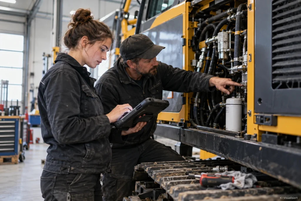 Land- und Baumaschinenmechatroniker arbeiten gemeinsam an der Fehlersuche einer modernen Baumaschine in einer Werkstatt