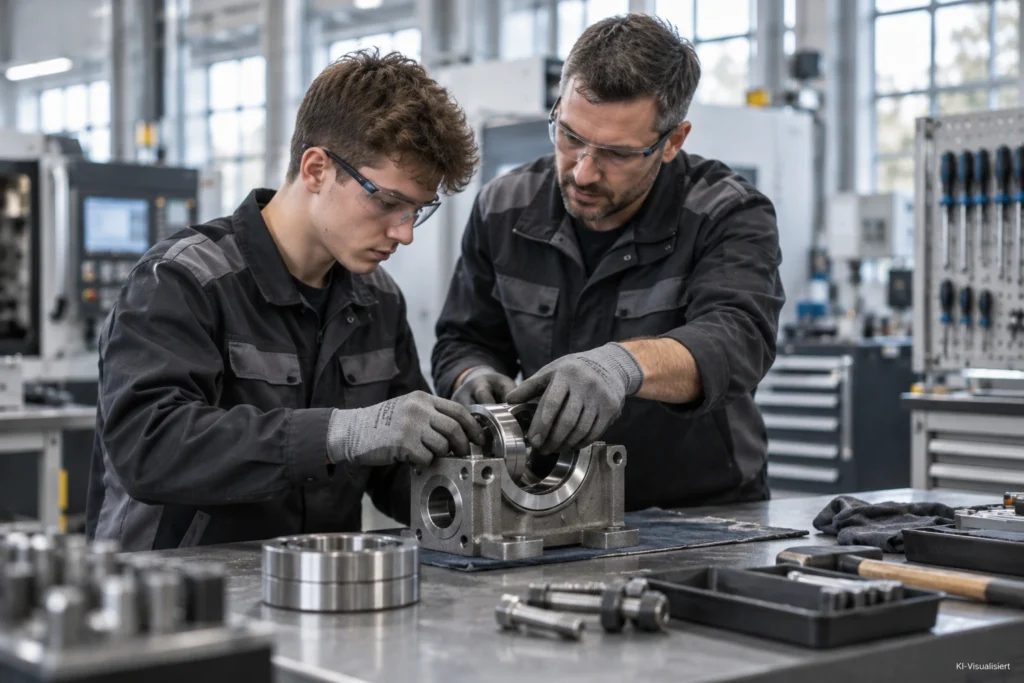Junger Industriemechaniker in Ausbildung montiert gemeinsam mit einem erfahrenen Kollegen ein Bauteil in einer modernen Werkhalle.