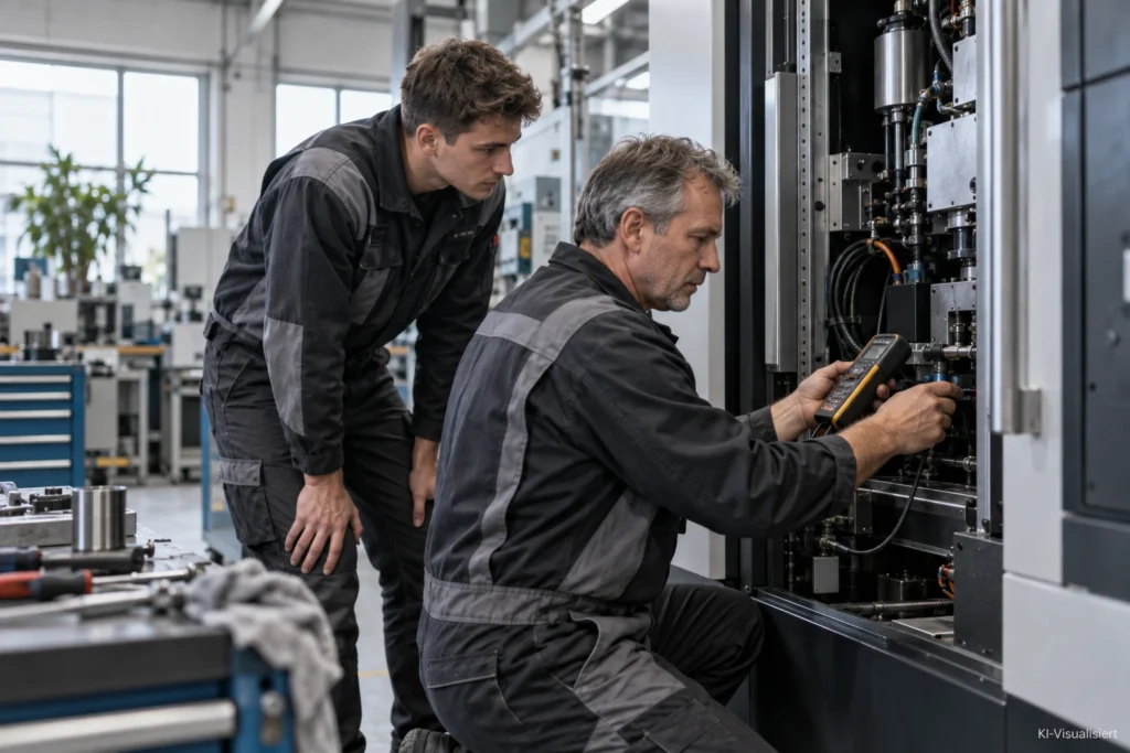 Erfahrener Industriemechaniker prüft in einer hellen modernen Werkhalle mit einem Messgerät eine Produktionsmaschine, während ein jüngerer Kollege aufmerksam zuschaut