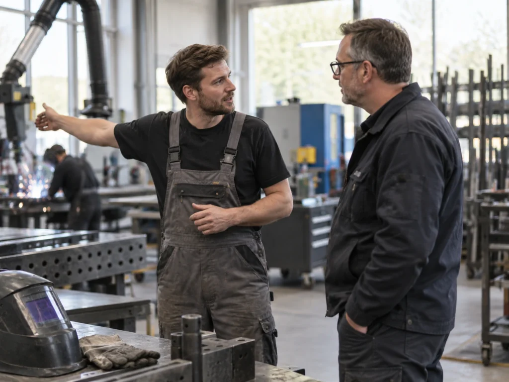 Metallbauer im Gespräch mit einem Werkstattleiter in einer modernen Metallwerkstatt über eine mögliche neue Stelle.