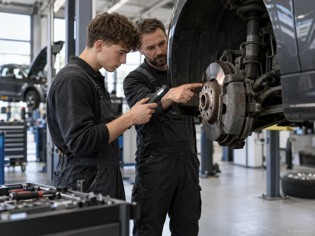 1. URL-Vorschlag /berufe-karrierewege/kfz-mechatroniker-werden/ 2. Meta Title Kfz-Mechatroniker werden: Ausbildung & Verdienst 3. Meta Description Kfz-Mechatroniker werden: Ausbildung, Dauer, Voraussetzungen, Verdienst 2026, Schwerpunkte und mögliche Aufstiegswege im Überblick. 4. Schlagwörter Kfz Mechatroniker Werden, Ausbildung Kfz Mechatroniker, Kfz Mechatroniker Ausbildung Dauer, Kfz Mechatroniker Voraussetzungen, Kfz Mechatroniker Berufsbild, Fahrzeugtechnik, Autowerkstatt, Ausbildung Handwerk, Kfz Technik, Berufswahl 5. H1 Kfz-Mechatroniker werden: Ausbildung, Verdienst und Aufstieg im Überblick 6. Einleitung Fehlerspeicher auslesen, Bremsen prüfen, Fahrwerk vermessen und an elektrischen Antrieben arbeiten: Wer heute Kfz-Mechatroniker werden will, entscheidet sich längst nicht mehr für einen Beruf, bei dem es nur um Motoren und Schraubenschlüssel geht. Mechanik, Elektronik und digitale Diagnose gehören in der Werkstatt zusammen. Die Ausbildung dauert regulär 3,5 Jahre und findet im Betrieb und in der Berufsschule statt. Einen bestimmten Schulabschluss schreibt das Gesetz nicht vor. Entscheidend sind technisches Verständnis, handwerkliches Geschick, Sorgfalt und die Bereitschaft, sich immer wieder in neue Fahrzeugsysteme einzuarbeiten. Hier erfährst du, wie die Ausbildung aufgebaut ist, was du verdienst und welche Wege nach dem Gesellenbrief offenstehen. 7. Merkbox Überschrift Kfz-Mechatroniker werden: Das Wichtigste zuerst 8. Merkbox Aufzählung Ausbildungsdauer: Die reguläre Ausbildung zum Kfz-Mechatroniker dauert 3,5 Jahre. Voraussetzungen: Rechtlich brauchst du keinen bestimmten Schulabschluss, technisches Verständnis und handwerkliches Geschick sind aber wichtig. Schwerpunkte: Du kannst zwischen Personenkraftwagen-, Nutzfahrzeug-, Motorrad-, System- und Hochvolt- sowie Karosserietechnik wählen. Ausbildungsvergütung: Im Kfz-Handwerk nennt BERUFENET 2026 je nach Ausbildungsjahr und Bundesland beispielhafte Beträge zwischen 944 und 1.402 Euro brutto im Monat. Verdienst danach: Für die Berufsgruppe der fachlich ausgerichteten Kraftfahrzeugtechnik weist der Entgeltatlas für 2025 ein bundesweites Medianentgelt von 3.755 Euro brutto im Monat aus. Aufstieg: Mit Berufserfahrung kannst du dich zum Beispiel fachlich spezialisieren, Kfz-Servicetechniker werden oder den Kraftfahrzeugtechnikermeister anstreben. 9. Haupttext Was macht ein Kfz-Mechatroniker eigentlich? Das Kfz-Mechatroniker Berufsbild verbindet klassische Fahrzeugmechanik mit Elektronik und computergestützter Diagnose. Du wartest Fahrzeuge, suchst Fehler, reparierst Baugruppen und prüfst, ob sicherheitsrelevante Systeme richtig funktionieren. Je nach Betrieb arbeitest du außerdem an Assistenzsystemen, elektrischen Antrieben oder Hochvoltkomponenten. Zum Alltag gehören zum Beispiel Inspektionen, Bremsenarbeiten, der Austausch defekter Bauteile, Arbeiten an Fahrwerk und Antrieb sowie das Messen und Prüfen elektronischer Systeme. Ein Fehler zeigt sich heute nicht immer durch ein Geräusch unter der Motorhaube. Oft beginnt die Arbeit am Diagnosegerät und geht danach mit Multimeter, Werkzeugwagen und Hebebühne weiter. Die Ausbildungsordnung nennt unter anderem das Messen und Prüfen von Systemen, Service- und Wartungsarbeiten, die Diagnose von Fehlern und Störungen, Reparaturen sowie das Aus-, Um- und Nachrüsten von Fahrzeugen als Ausbildungsinhalte. Wie werde ich Kfz-Mechatroniker? Der normale Weg führt über eine duale Ausbildung zum Kfz-Mechatroniker. Du schließt einen Ausbildungsvertrag mit einem Betrieb ab und lernst parallel in der Berufsschule. Dort bekommst du die technischen Grundlagen, während du im Betrieb lernst, wie Diagnose, Wartung und Reparatur im echten Werkstattalltag funktionieren. Der Beruf ist staatlich anerkannt. Die Ausbildungsordnung sieht fünf mögliche Schwerpunkte vor: Personenkraftwagentechnik Nutzfahrzeugtechnik Motorradtechnik System- und Hochvolttechnik Karosserietechnik Welcher Schwerpunkt sinnvoll ist, hängt weniger vom Namen auf dem Ausbildungszeugnis als von deinen Interessen ab. Wenn du beispielsweise an Elektrofahrzeugen, komplexer Fahrzeugelektronik und elektrischen Antriebssystemen arbeiten möchtest, passt System- und Hochvolttechnik besonders gut. Willst du an Lkw, Transportern und schweren Nutzfahrzeugen arbeiten, liegt Nutzfahrzeugtechnik näher. Wie lange dauert die Kfz-Mechatroniker-Ausbildung? Die Kfz-Mechatroniker Ausbildung dauert regulär 3,5 Jahre. Das steht in § 2 der Kraftfahrzeugmechatroniker-Ausbildungsverordnung. Die Ausbildung umfasst damit insgesamt 42 Monate. Die Abschluss- beziehungsweise Gesellenprüfung ist in zwei Teile gegliedert. Während der Ausbildung geht es zunächst um gemeinsame Grundlagen. Später kommt dein gewählter Schwerpunkt stärker dazu. Gerade deshalb lohnt es sich, vor dem Ausbildungsvertrag nicht nur auf die Marke des Autohauses zu schauen, sondern darauf, welche Arbeiten du dort tatsächlich lernen kannst. Welche Kfz-Mechatroniker-Voraussetzungen musst du erfüllen? Für die Ausbildung ist rechtlich kein bestimmter Schulabschluss vorgeschrieben. Ein Betrieb darf trotzdem selbst entscheiden, welche Bewerber er einstellt. Gute Karten hast du, wenn Technik dich wirklich interessiert und du nicht sofort abschaltest, sobald ein Schaltplan, Messwert oder Diagnoseprotokoll vor dir liegt. BERUFENET nennt vor allem Sorgfalt, Verantwortungsbewusstsein, handwerkliches Geschick, Auge-Hand-Koordination und technisches Verständnis. Mathematik, Physik sowie Werken oder Technik sind nützliche Schulfächer. Verantwortung gehört zum Beruf dazu. Wenn du an Bremsen, Lenkung oder anderen sicherheitsrelevanten Bauteilen arbeitest, muss die Arbeit stimmen. Gleichzeitig brauchst du Geduld bei der Fehlersuche. Ein Fehlercode sagt dir nicht automatisch, welches Teil du wechseln musst. Was verdient ein Kfz-Mechatroniker in der Ausbildung? Deine Ausbildungsvergütung hängt unter anderem von Bundesland, Branche, Tarifbindung und Ausbildungsjahr ab. Für den Schwerpunkt Personenkraftwagentechnik nennt BERUFENET mit Stand Juli 2026 folgende beispielhafte Bruttovergütungen: Ausbildungsjahr Handwerk pro Monat Industrie pro Monat 1. Jahr 944 bis 1.179 Euro 1.243 bis 1.373 Euro 2. Jahr 984 bis 1.241 Euro 1.298 bis 1.408 Euro 3. Jahr 1.033 bis 1.344 Euro 1.379 bis 1.489 Euro 4. Jahr 1.089 bis 1.402 Euro 1.461 bis 1.563 Euro Das sind keine bundesweit garantierten Kfz-Tarifbeträge. BERUFENET weist ausdrücklich darauf hin, dass die Werte je nach Bundesland unterschiedlich ausfallen. Entscheidend ist dein konkreter Ausbildungsvertrag. Was verdienst du nach der Ausbildung? Für die Berufsgruppe „Berufe in der Kraftfahrzeugtechnik, fachlich ausgerichtete Tätigkeiten“, zu der unter anderem Kfz-Mechatroniker mit Schwerpunkt Personenkraftwagentechnik gehören, weist der Entgeltatlas der Bundesagentur für Arbeit für 2025 bundesweit ein Medianentgelt von 3.755 Euro brutto im Monat bei Vollzeitbeschäftigung aus. Das untere Quartil liegt bei 3.098 Euro, das obere bei 4.701 Euro. Ein Median ist kein Einstiegsgehalt. Die Hälfte der erfassten Vollzeitbeschäftigten liegt darunter, die andere Hälfte darüber. Berufserfahrung, Region, Betrieb, Verantwortungsbereich und Spezialisierung machen einen deutlichen Unterschied. Für Motorradtechnik weist der Entgeltatlas beispielsweise eine andere Berufsgruppe und mit 2.863 Euro einen deutlich niedrigeren Median aus. Wenn du später wissen willst, was für deine Erfahrung und Region realistisch ist, kannst du deinen Gehaltsspielraum mit dem Gehalts-Check prüfen. Ohne Vergleichswerte ist schwer einzuschätzen, ob dein Lohnzettel noch zu deiner Verantwortung passt. Als Mitglied bei KarriereGrün kannst du außerdem mit deinem Talent-Scout besprechen, welche Betriebe in deiner Region zu deinen Vorstellungen passen. Die Mitgliedschaft ist kostenfrei und unverbindlich. Welche Aufstiegsmöglichkeiten hast du als Kfz-Mechatroniker? Mit dem Gesellenbrief musst du nicht dauerhaft bei denselben Arbeiten bleiben. Du kannst dich stärker auf Diagnose, Fahrzeugelektronik, Hochvolttechnik oder bestimmte Fahrzeugtypen konzentrieren. Mit wachsender Erfahrung kommen außerdem Aufgaben hinzu, bei denen du Fehlerdiagnosen übernimmst, schwierige Reparaturen bearbeitest oder jüngere Kollegen unterstützt. Ein klassischer Aufstiegsweg führt über den Kraftfahrzeugtechnikermeister. Damit rücken Werkstattorganisation, Mitarbeiterführung, Ausbildung und gegebenenfalls die Selbstständigkeit stärker in den Vordergrund. Ein weiterer möglicher Schritt ist der Kfz-Servicetechniker. Mehr Verantwortung sollte sich nicht nur auf dem Dienstplan bemerkbar machen. Wenn du bereits schwierige Diagnosen übernimmst, Azubis einarbeitest oder regelmäßig Aufgaben erledigst, die früher beim Meister lagen, solltest du deinen Marktwert kennen. Wie du bei einem Wechsel eine realistische Forderung aufstellst, liest du im Beitrag Gehalt beim Jobwechsel verlangen. Dein Talent-Scout bei KarriereGrün kann dir zusätzlich zeigen, welche Betriebe zu deiner gewünschten nächsten Stufe passen. Dafür musst du nicht kündigen. Dein Profil bleibt nicht öffentlich und die Mitgliedschaft ist kostenfrei. Was dir vor der Ausbildung keiner schönreden sollte Kfz-Mechatroniker ist kein Beruf für jemanden, der nur gerne an seinem eigenen Auto schraubt. Im Betrieb arbeitest du nach Vorgaben, dokumentierst Arbeitsschritte, hältst Termine ein und suchst auch Fehler, die sich nicht nach fünf Minuten finden lassen. Dazu kommen Arbeiten im Stehen, unter Fahrzeugen und mit verschmutzten Bauteilen. Gleichzeitig verändert sich das Fach stark. Elektronik, Software, Assistenzsysteme und Hochvolttechnik nehmen mehr Raum ein. Wer nach der Ausbildung aufhört zu lernen, verliert fachlich schnell den Anschluss. Das macht den Beruf anspruchsvoller, eröffnet aber auch Möglichkeiten für Fachkräfte, die sich in Diagnose und moderne Fahrzeugtechnik einarbeiten. Auch der Betrieb macht einen großen Unterschied. In einer Werkstatt wirst du früh an anspruchsvolle Diagnosearbeiten herangeführt, in einer anderen erledigst du lange hauptsächlich Standardservice. Falls du irgendwann merkst, dass dein Betrieb dich fachlich nicht weiterbringt, musst du nicht sofort alles hinschmeißen. KarriereGrün ermöglicht dir, dich diskret umzusehen. Du wirst kostenfrei Mitglied und entscheidest selbst, welchem Betrieb dein Profil vorgestellt werden darf. In 5 Schritten zum Kfz-Mechatroniker Schwerpunkt überlegen: Entscheide, ob dich Pkw, Nutzfahrzeuge, Motorräder, Hochvolttechnik oder Karosserietechnik besonders interessieren. Ausbildungsbetriebe vergleichen: Schau nicht nur auf Marken und Gebäude. Frag, welche Arbeiten Azubis wirklich übernehmen und welche Diagnosetechnik im Betrieb eingesetzt wird. Praktikum nutzen: Ein paar Tage in einer Werkstatt zeigen dir mehr über den Beruf als jedes Berufsprofil. Ausbildungsvertrag prüfen: Achte auf Ausbildungsvergütung, Arbeitszeit, Urlaub und den vorgesehenen Ausbildungsbeginn. Nach dem Abschluss weiterplanen: Entscheide nach den ersten Berufsjahren, ob du dich spezialisieren, mehr Verantwortung übernehmen oder später den Meister anstreben möchtest. Falls du aus einem anderen Beruf kommst und über einen Wechsel ins Handwerk nachdenkst, hilft dir auch unser Überblick zum Quereinstieg ins Handwerk mit 30, 40 oder 50. 10. FAQ Überschrift Häufige Fragen zur Ausbildung als Kfz-Mechatroniker 11. FAQ 1 Frage Brauche ich einen Führerschein für die Kfz-Mechatroniker-Ausbildung? 12. FAQ 1 Antwort Ein Führerschein gehört nicht zu den gesetzlichen Voraussetzungen für die Ausbildung. Im späteren Werkstattalltag kann die Fahrerlaubnis trotzdem praktisch oder vom Betrieb gewünscht sein, etwa für Probefahrten oder das Umsetzen von Fahrzeugen. Ob ein Ausbildungsbetrieb einen Führerschein voraussetzt, solltest du deshalb direkt in der jeweiligen Ausschreibung oder beim Betrieb prüfen. 13. FAQ 2 Frage Kann ich Kfz-Mechatroniker ohne Realschulabschluss werden? 14. FAQ 2 Antwort Ja. Rechtlich ist für die Ausbildung zum Kfz-Mechatroniker kein bestimmter Schulabschluss vorgeschrieben. Der Ausbildungsbetrieb entscheidet jedoch selbst, wen er einstellt. Technisches Verständnis, handwerkliches Geschick, Sorgfalt und Interesse an Mathematik und Physik sind für den Berufsalltag wichtiger als eine pauschale Aussage, dass du zwingend einen bestimmten Abschluss brauchst. 15. FAQ 3 Frage Ist Kfz-Mechatroniker noch ein Beruf mit Zukunft? 16. FAQ 3 Antwort Das Berufsbild verändert sich, verschwindet aber nicht einfach mit dem Verbrennungsmotor. Schon die aktuelle Ausbildung umfasst elektronische Systeme und einen eigenen Schwerpunkt System- und Hochvolttechnik. Elektrofahrzeuge, Fahrerassistenz, Diagnose und vernetzte Fahrzeugsysteme verschieben die Anforderungen. Wer moderne Fahrzeugtechnik beherrscht und sich fachlich weiterentwickelt, arbeitet deshalb zunehmend auch an Elektronik und Hochvoltsystemen. 17. FAQ 4 Frage Was ist der Unterschied zwischen Kfz-Mechaniker und Kfz-Mechatroniker? 18. FAQ 4 Antwort Die heutige anerkannte Ausbildung heißt Kraftfahrzeugmechatroniker beziehungsweise Kraftfahrzeugmechatronikerin. Der Beruf verbindet mechanische Arbeiten mit Elektronik, Messtechnik und computergestützter Diagnose. Die Bezeichnung Kfz-Mechaniker stammt aus einem älteren Berufsbild und wird im Alltag noch häufig benutzt. Wenn du heute eine reguläre Ausbildung beginnst, lautet der Ausbildungsberuf Kfz-Mechatroniker. 19. FAQ 5 Frage Welcher Schwerpunkt beim Kfz-Mechatroniker ist der richtige für mich? 20. FAQ 5 Antwort Das hängt davon ab, woran du später arbeiten möchtest. Personenkraftwagentechnik passt zum klassischen Pkw-Bereich, Nutzfahrzeugtechnik zu Lkw und Transportern, Motorradtechnik zu Zweirädern. System- und Hochvolttechnik legt einen stärkeren Fokus auf elektrische Antriebe und komplexe Fahrzeugsysteme. Karosserietechnik konzentriert sich stärker auf Karosserie, Aufbau und entsprechende Fahrzeugsysteme. 21. CTA Überschrift Wo bringt dich dein Können als Kfz-Mechatroniker wirklich weiter? 22. CTA Text KarriereGrün ist das Karriere-Netzwerk für Handwerk und Industrie. Du bewirbst dich nicht hundertfach blind. Du trägst dich einmal ein, und dein persönlicher Talent-Scout stellt dir die Arbeitgeber aus deiner Region vor, die zu deinen Vorstellungen passen. Die Mitgliedschaft ist kostenfrei, dein Profil ist nicht öffentlich und du gehst keine Verpflichtung ein. Das Eintragen dauert zwei Minuten. 23. Bild-Prompts TITELBILD Documentary-style photograph, shot on a Canon 5D Mark IV with a 35mm or 50mm prime lens, natural light only, no flash. Editorial photo essay aesthetic: authentic, candid, unposed. Avoid stock-photo polish: no studio lighting, no glossy retouching, no exaggerated saturation, no posed smiles. Slight film grain, true-to-life colors, realistic shallow depth of field. Real working environments and real people in their natural state, with believable wear and small imperfections. Eye-level close medium shot inside a bright modern automotive workshop. In sharp focus in the foreground, a professional diagnostic scanner and a clean mechanic's hand tool lie beside an open engine bay, visually combining digital vehicle diagnostics with traditional mechanical work. In the softer background, a young automotive mechatronics technician works on a modern passenger car raised slightly on a workshop lift. Organized professional workshop, current equipment, clean well-fitting workwear, no logos, no readable screens, no license plates, no numbers, no posed smiles. FLIESSTEXTBILD 1 Documentary-style photograph, shot on a Canon 5D Mark IV with a 35mm or 50mm prime lens, natural light only, no flash. Editorial photo essay aesthetic: authentic, candid, unposed. Avoid stock-photo polish: no studio lighting, no glossy retouching, no exaggerated saturation, no posed smiles. Slight film grain, true-to-life colors, realistic shallow depth of field. Real working environments and real people in their natural state, with believable wear and small imperfections. Candid medium shot inside the same bright modern automotive workshop. A young apprentice automotive mechatronics technician works together with an experienced qualified colleague on a passenger car positioned on a lift. The experienced technician points toward a component in the wheel and brake area while the apprentice examines it closely with a professional tool. The scene should communicate practical vocational training, technical understanding and careful work on safety-relevant vehicle components. Organized workshop, current equipment, clean professional workwear, no logos, no readable labels, no numbers, no posed smiles. FLIESSTEXTBILD 2 Documentary-style photograph, shot on a Canon 5D Mark IV with a 35mm or 50mm prime lens, natural light only, no flash. Editorial photo essay aesthetic: authentic, candid, unposed. Avoid stock-photo polish: no studio lighting, no glossy retouching, no exaggerated saturation, no posed smiles. Slight film grain, true-to-life colors, realistic shallow depth of field. Real working environments and real people in their natural state, with believable wear and small imperfections. Candid medium shot inside the same modern automotive workshop. An experienced automotive mechatronics technician performs a diagnostic procedure on a modern electric vehicle while a younger qualified colleague observes and discusses the measurement. Professional diagnostic equipment and insulated workshop tools are visible naturally in the scene. The image should communicate technical specialization, modern vehicle electronics and progression toward advanced responsibility. Bright organized workshop, clean workwear, no logos, no readable displays, no numbers, no license plates, no posed smiles. Der Bildstil folgt den festgelegten Fahrzeug-und-Maschinen-Regeln für KarriereGrün. 24. Quellen 1. Kraftfahrzeugmechatroniker-Ausbildungsverordnung (KfzMechaAusbV), insbesondere § 1 bis § 4 Verwendet für: staatliche Anerkennung, Ausbildungsdauer 3,5 Jahre, fünf Schwerpunkte, Ausbildungsinhalte Stand: Abruf September 2026 https://www.gesetze-im-internet.de/kfzmechaausbv_2013/ 2. § 2 KfzMechaAusbV Verwendet für: gesetzlich festgelegte Ausbildungsdauer von 3,5 Jahren Stand: Abruf September 2026 https://www.gesetze-im-internet.de/kfzmechaausbv_2013/__2.html 3. Bundesagentur für Arbeit, BERUFENET: Kraftfahrzeugmechatroniker/in, Personenkraftwagentechnik Verwendet für: duale Ausbildung, Ausbildungsdauer, Tätigkeiten, Anforderungen, Schulabschluss und Ausbildungsvergütung Datenstand: 26.07.2026 https://web.arbeitsagentur.de/berufenet/beruf/steckbrief/14799 4. Bundesagentur für Arbeit, BERUFENET: Kraftfahrzeugmechatroniker/in, System- und Hochvolttechnik Verwendet für: Tätigkeiten an Elektro- und Hybridfahrzeugen sowie Anforderungen in der Hochvolttechnik Datenstand: 27.07.2026 https://web.arbeitsagentur.de/berufenet/beruf/steckbrief/122563.pdf 5. Bundesagentur für Arbeit, Entgeltatlas: Berufe in der Kraftfahrzeugtechnik, fachlich ausgerichtete Tätigkeiten Verwendet für: Median 3.755 Euro brutto monatlich, unteres Quartil 3.098 Euro, oberes Quartil 4.701 Euro Datenstand: Entgeltatlas 2025 https://web.arbeitsagentur.de/entgeltatlas/beruf/2365 6. Bundesagentur für Arbeit, Entgeltatlas: Kraftfahrzeugmechatroniker/in Motorradtechnik Verwendet für: Median 2.863 Euro brutto monatlich für die zugeordnete Berufsgruppe Zweiradtechnik Datenstand: Entgeltatlas 2025 https://web.arbeitsagentur.de/entgeltatlas/beruf/27301 25. Prüfliste [NICHT VERIFIZIERT]: keine [ZAHL FEHLT]: keine [DATENBLOCK VON TIM]: keiner Haupt-Keyword in H1, Einleitung, H2 und Meta Description: erfüllt Alle Nebenkeywords bzw. klare Varianten eingebunden: erfüllt Suchintention Orientierung mit Aufgaben, Ausbildung, Verdienst, Aufstieg und Belastung abgedeckt: erfüllt Entscheidungsrelevante Tabelle mit aktuellen Ausbildungsvergütungen: erfüllt Merkbox mit 6 Punkten: erfüllt FAQ mit genau 5 Frage-Antwort-Paaren: erfüllt Realitäts-Abschnitt vorhanden: erfüllt Konkrete nummerierte Schritte vorhanden: erfüllt Ansprache durchgehend du: erfüllt Drei interne Links auf LIVE-Seiten für Fachkräfte: erfüllt Drei Motivations-Momente für KarriereGrün eingebunden: erfüllt CTA wörtlich aus den Textbausteinen übernommen: erfüllt Ausbildungsdauer und Ausbildungsordnung verifiziert: erfüllt Zahlen mit Quelle und Datenstand: erfüllt Keine Gedankenstriche als Stilmittel: erfüllt Keine verbotenen KarriereGrün-Bezeichnungen verwendet: erfüllt Keine geplanten KarriereGrün-Seiten intern verlinkt: erfüllt Die interne Verlinkung berücksichtigt ausschließlich LIVE-Seiten für Fachkräfte, wie im Link-Inventar vorgegeben. Die Zielgruppenführung mit Du-Ansprache und kostenfreier Mitgliedschaft entspricht dem KarriereGrün-Hintergrund. Bearbeiten titelbild bitte als webp WebP-Titelbild herunterladen Documentary-style photograph, shot on a Canon 5D Mark IV with a 35mm or 50mm prime lens, natural light only, no flash. Editorial photo essay aesthetic: authentic, candid, unposed. Avoid stock-photo polish: no studio lighting, no glossy retouching, no exaggerated saturation, no posed smiles. Slight film grain, true-to-life colors, realistic shallow depth of field. Real working environments and real people in their natural state, with believable wear and small imperfections. Candid medium shot inside the same bright modern automotive workshop. A young apprentice automotive mechatronics technician works together with an experienced qualified colleague on a passenger car positioned on a lift. The experienced technician points toward a component in the wheel and brake area while the apprentice examines it closely with a professional tool. The scene should communicate practical vocational training, technical understanding and careful work on safety-relevant vehicle components. Organized workshop, current equipment, clean professional workwear, no logos, no readable labels, no numbers, no posed smiles. Add a subtle small note in the bottom-right corner that reads "KI-Visualisiert". Bearbeiten auch bitte als webp WebP-Bild herunterladen alt Kfz-Mechatroniker-Azubi prüft gemeinsam mit einem erfahrenen Kollegen die Bremsanlage eines Fahrzeugs in einer modernen Werkstatt.