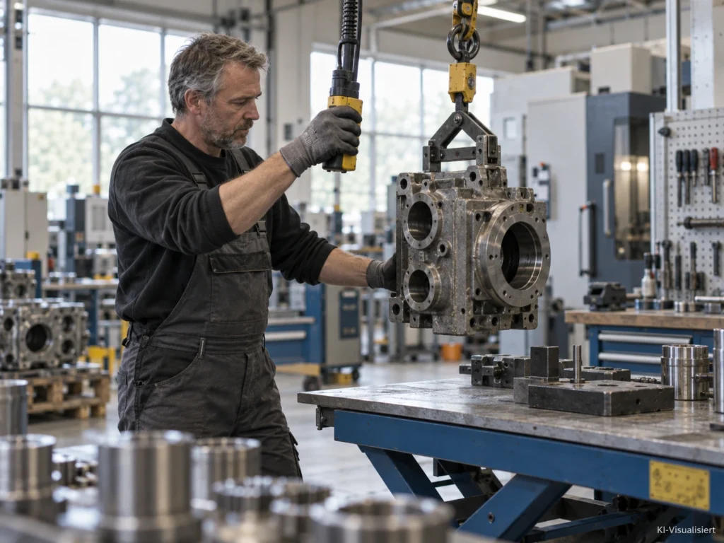 Alt-Text: Erfahrener Facharbeiter in einer hellen modernen Metallwerkstatt positioniert mit einem mechanischen Hebegerät ein schweres Metallbauteil über einem höhenverstellbaren Arbeitstisch. Die Szene zeigt ergonomisches Arbeiten mit technischer Unterstützung in einer sauberen industriellen Umgebung