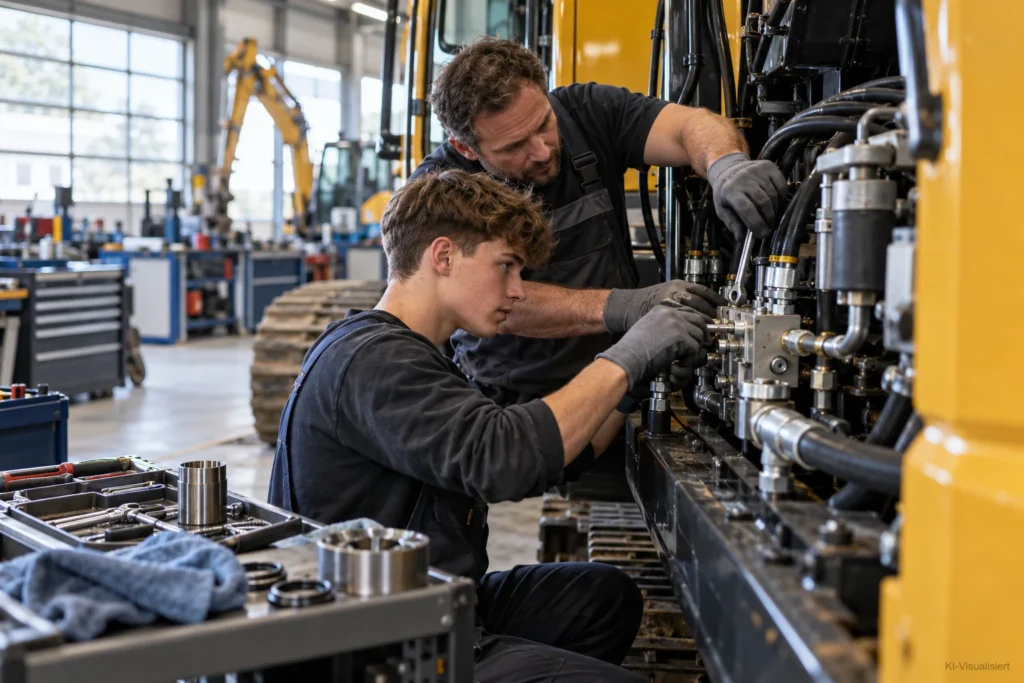 Land- und Baumaschinenmechatroniker arbeiten gemeinsam an der Hydraulik eines modernen Baggers in einer professionellen Werkstatt.