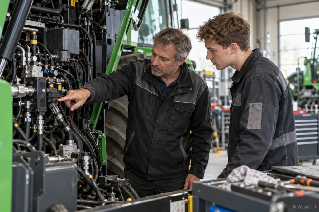 Erfahrener Landmaschinenmechatroniker erklärt einem jüngeren Kollegen in einer modernen Werkstatt eine elektrohydraulische Baugruppe an einer geöffneten Landmaschine