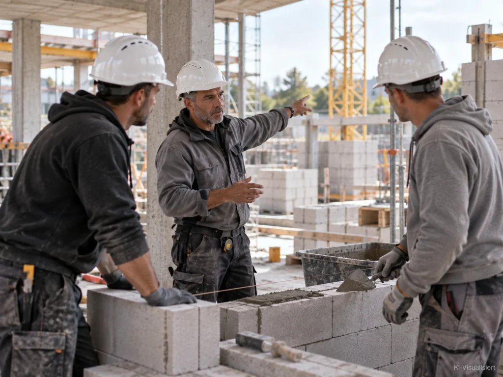 Erfahrener Maurer koordiniert auf einer modernen Rohbaustelle zwei Facharbeiter beim Mauern einer neuen Wand und weist auf den nächsten Arbeitsschritt hin.
