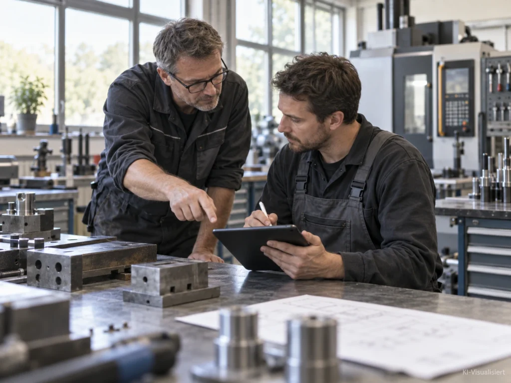 Ein erfahrener Facharbeiter und ein Ausbilder besprechen in einer hellen modernen Metallwerkstatt eine technische Aufgabe, während der Teilnehmer auf einem Tablet Notizen macht.