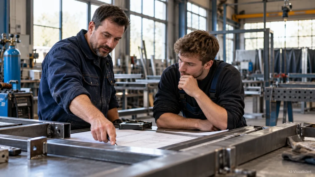 Zwei Metallbauer besprechen eine technische Zeichnung für eine Stahlkonstruktion an einer Werkbank in einer modernen Metallbauwerkstatt.