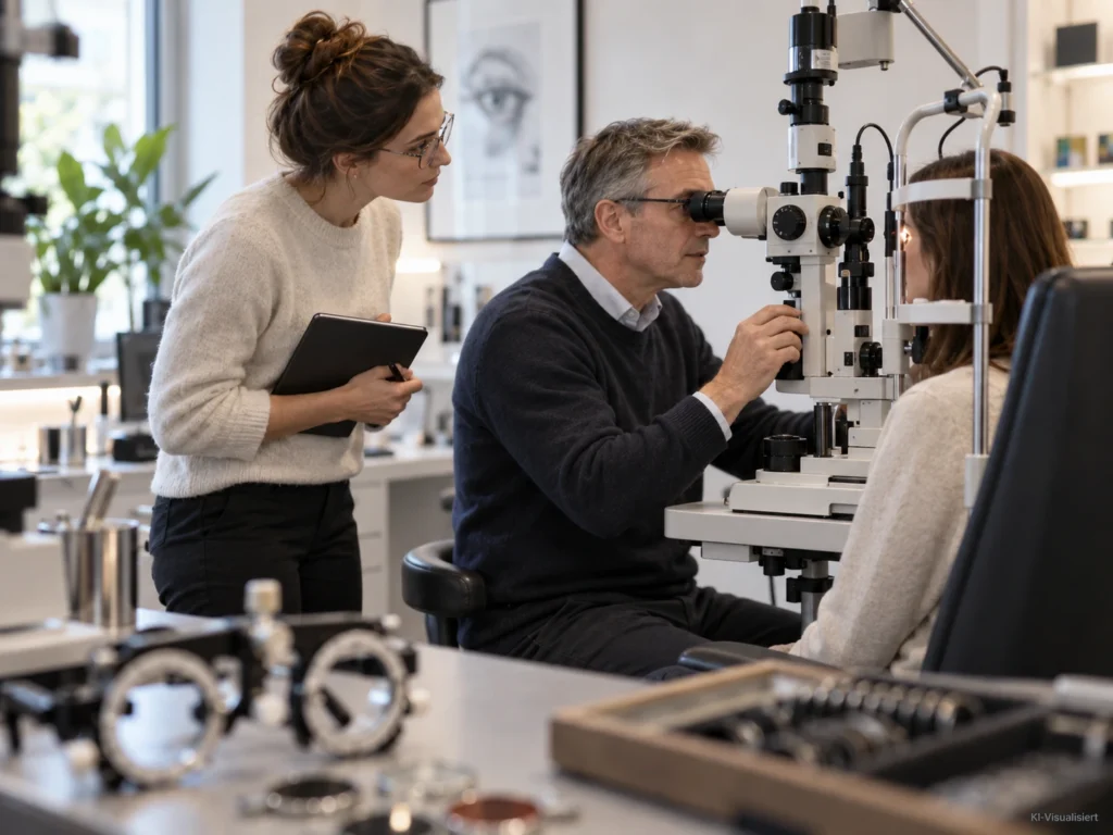 Erfahrener Augenoptiker führt eine Augenuntersuchung durch, während eine jüngere Kollegin die Untersuchung beobachtet und begleitet.