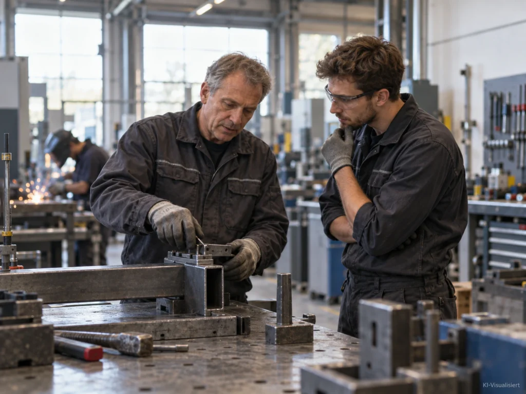 Erfahrener Metallbauer zeigt einem Bewerber beim Probearbeiten einen Arbeitsschritt an der Werkbank in einer modernen Metallwerkstatt