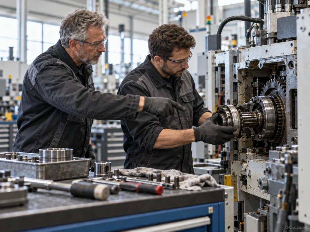 Alt-Text: Zwei Fachkräfte arbeiten in einer hellen Industrie-Werkstatt gemeinsam an einer geöffneten Maschine. Ein erfahrener Industriemechaniker zeigt auf eine Baugruppe, während ein technischer Quereinsteiger vorsichtig ein Bauteil ausbaut. Im Vordergrund liegen Werkzeuge und Metallteile auf einer Werkbank