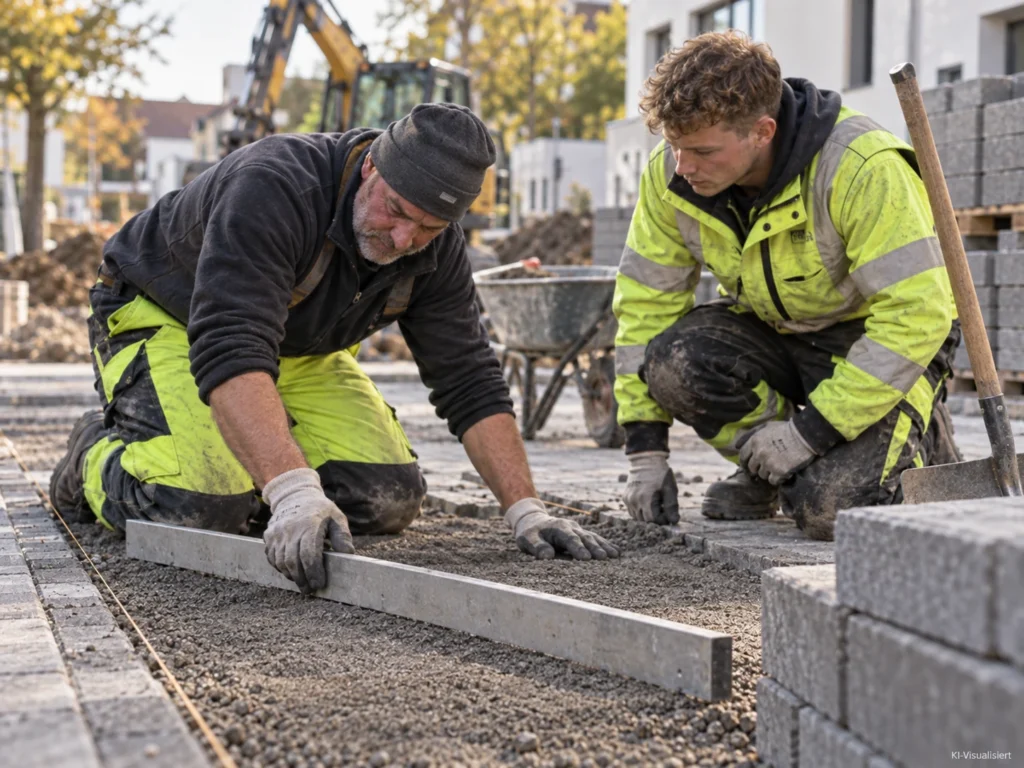 Erfahrener Straßenbauer zeigt einem jüngeren Quereinsteiger auf einer modernen Baustelle, wie das Pflasterbett mit Richtlatte und Handwerkzeug für Pflasterarbeiten vorbereitet und sauber abgezogen wird.